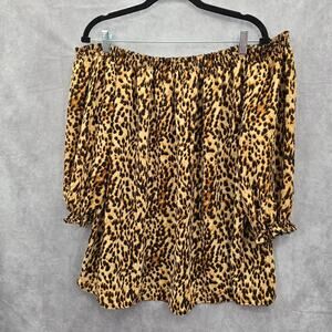 Off Shoulder Blouse Cato Brown Black Animal Print Smock 3/4 Sleeve Plus 1X